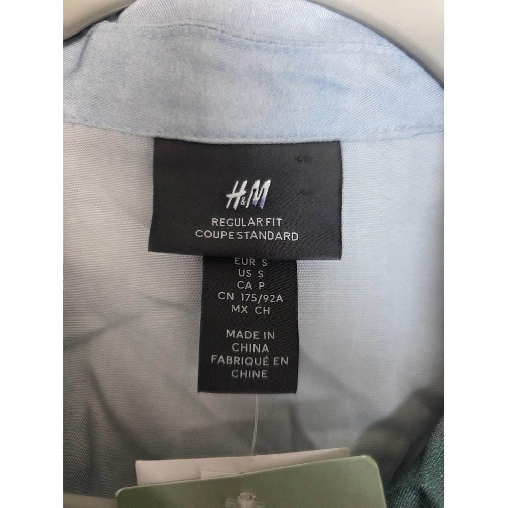 H&M Men's Regular Fit Button Up Shirt Small Tree Print Lyocell Blue Green - Picture 3 of 7